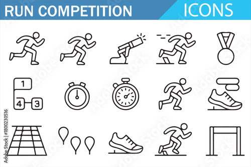 Clean line running icons featuring hurdles, blocks, and medals