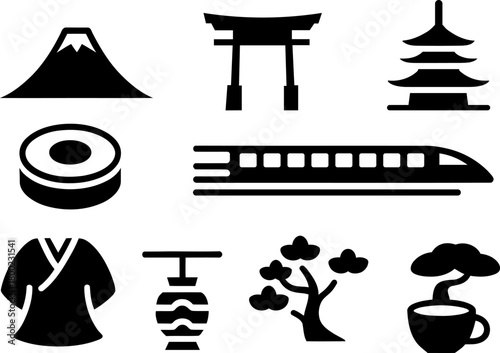 Collection of cultural symbols from Japan representing travel and traditions