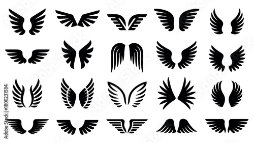 A collection of stylized black wing icons representing various designs.