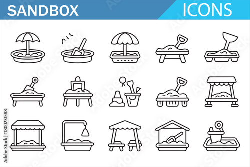 Vector line sandbox collection including umbrellas and benches