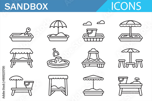 Outdoor sand play icon collection featuring toys and pits