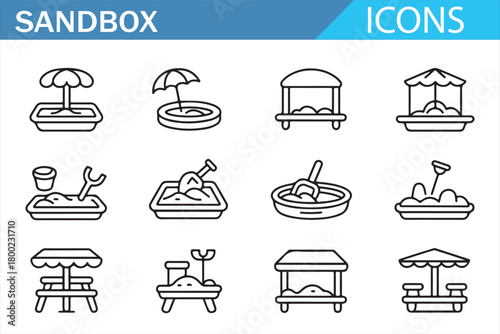 Sandbox and playground outline icon set in editable stroke style