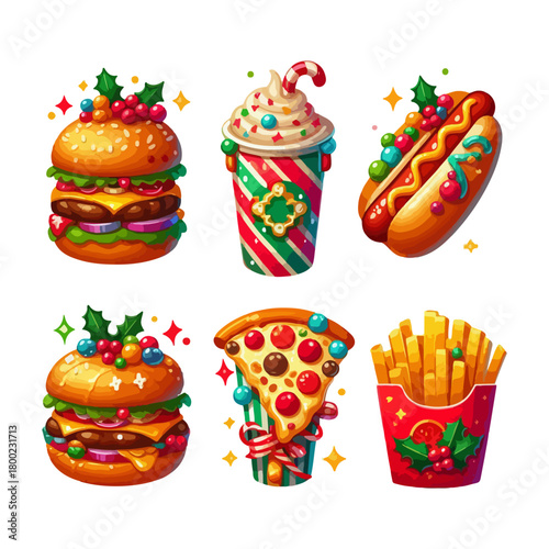 Fast Food collection of french fries, burger, hot dog, drink, pizza İllustration decorated with Christmas and New Year's elements on a white