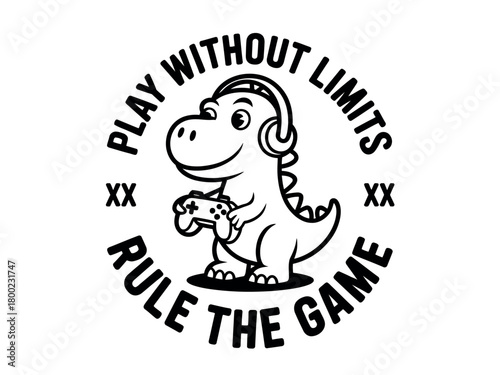 A cartoon dinosaur wearing headphones and holding a game controller plays without limits and rules the game.