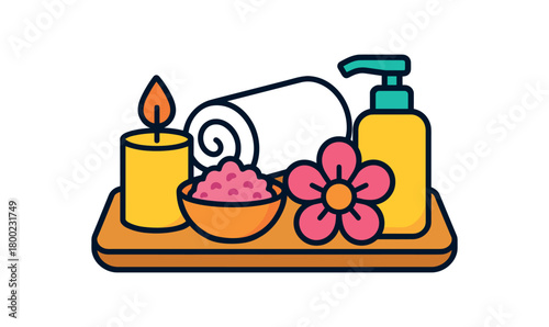 Flat vector spa tray set: candle towel salt bowl flower lotion bright vibrant palette clean outlines minimal centered isolated on white no logos