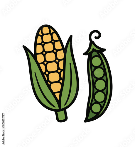 flat vector bold outline corn and peas white background sticker style airy spacing husk accents corn kernels pea pearls tendril