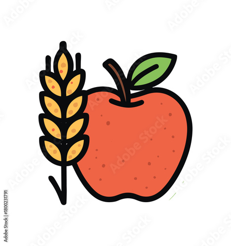 flat vector bold outline wheat and white background sticker style neat layout grain specks with wheat sprig