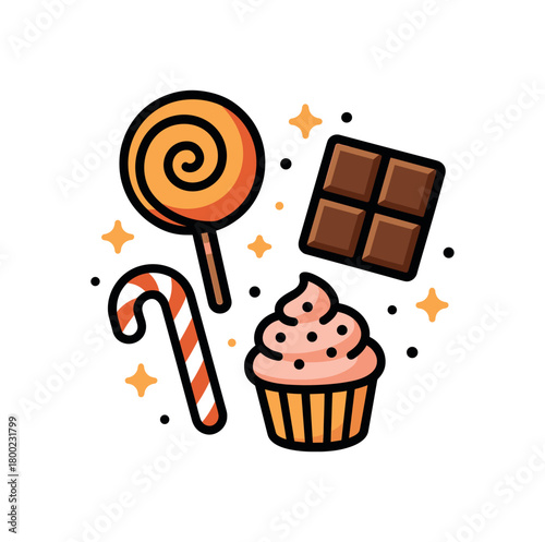 flat vector bold outline confection set white background sticker style neat cluster tiny stars candy cane twist hint chocolate tile