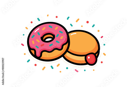 flat vector bold outline glossy brights white background sticker style neat spacing confetti sprinkles ring donut icing drip jelly donut