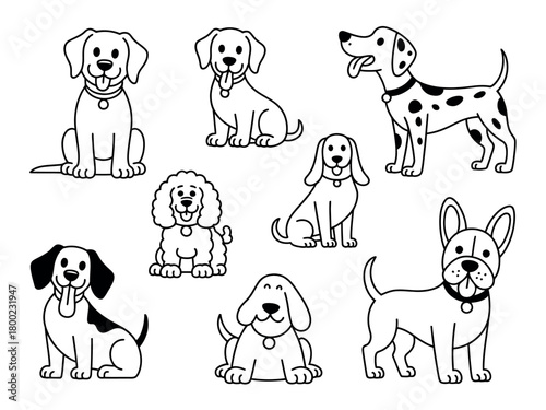 A collection of cartoon dogs of various breeds is presented against a white background.