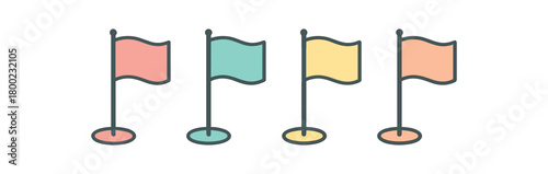 Flat vector illustration four milestone flags (steps) conceptual focus flow style pastel colors 4x1 grid equal spacing minimal details isolated on white