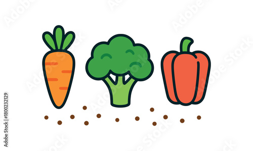 flat vector bold outline bright fresh palette white background sticker style centered spacing tiny soil dots carrot with greens broccoli floret bell pepper