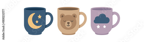 Flat vector illustration three ceramic bedtime mugs night mindfulness style pastel colors simple steam hint 3x1 grid equal spacing isolated on white full objects visible