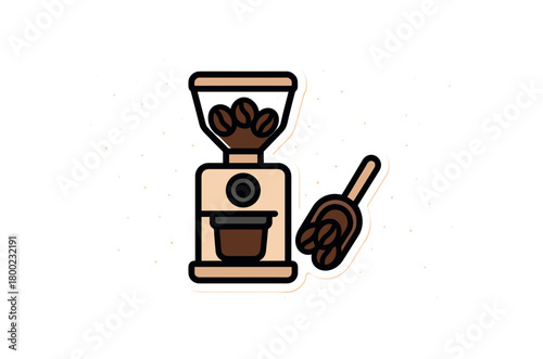 flat vector bold outline grinder setup white background sticker style compact layout dust dots coffee grinder bean scoop