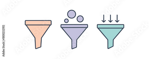Flat vector illustration three funnels (prioritize) conceptual focus flow style pastel colors 3x1 grid equal spacing minimal details isolated on white