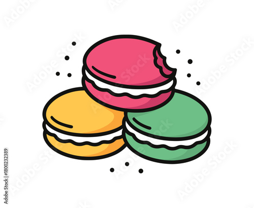 flat vector bold outline sweet bite white background sticker style balanced cluster sugar dust macaron trio cream edge