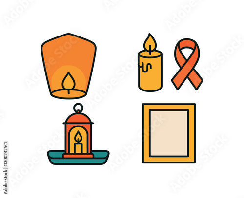 Flat vector memory lanterns: floating lantern candle ribbon tray card bright vibrant palette clean outlines minimal centered isolated on white no logos