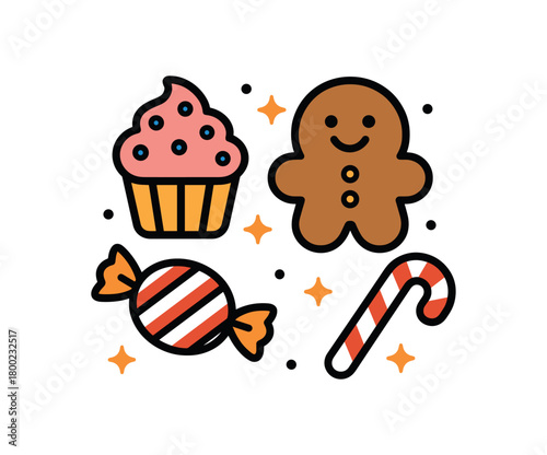 flat vector bold outline festive treats white background sticker style even margins tiny stars cupcake pearls candy
