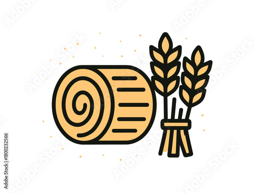 flat vector bold outline straw tones white background sticker style measured spacing dust dots hay bale icon wheat bundle