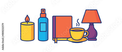Flat vector of day ritual: candle pillow mist journal tea cup lamp bright vibrant palette clean outlines minimal centered isolated on white no logos