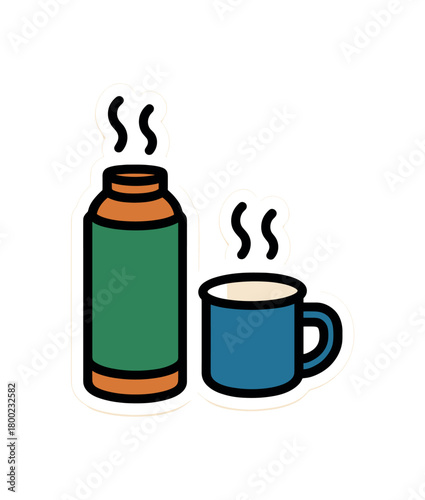 flat vector bold outline thermos break white background sticker style centered steam thermos enamel mug