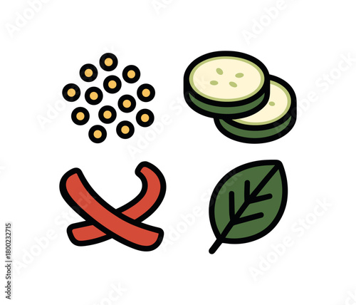 flat vector bold outline smooth shapes white background sticker style tidy spacing seed dust zucchini rounds pepper strip basil leaf