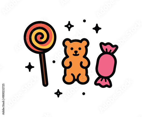 flat vector bold outline candy trio white background sticker style centered spacing sparkle dots lollipop gummy wrapped candy