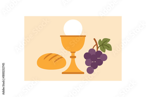 holy communion elements chalice bread grapes flat vector illustration clean modern style warm palette