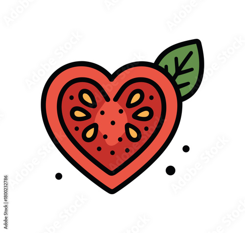 flat vector bold outline heart core white background sticker style droplet dots tomato heart core basil leaf