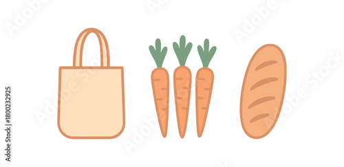 Flat vector illustration canvas tote carrots bread loaf grocery run vibe pastel colors 3x1 grid equal spacing isolated on white full objects visible