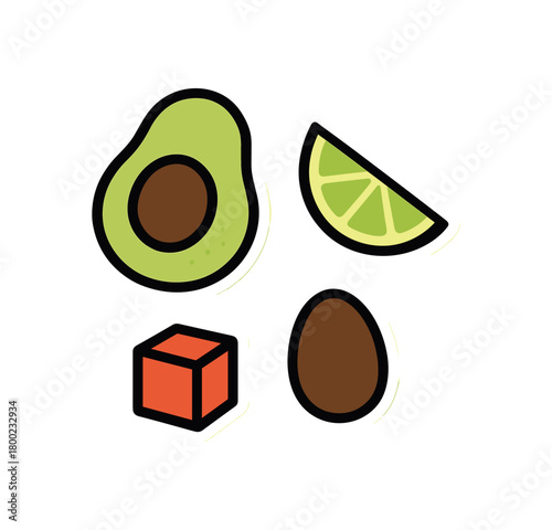flat vector bold outline guac kit white background sticker style centered layout seed flecks avocado mash hint lime wedge tomato cube