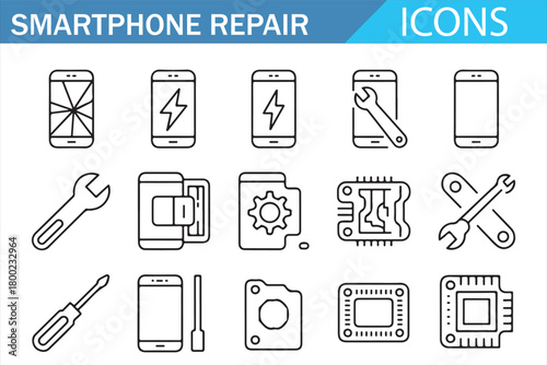 Outline smartphone service icon pack for electronics and repair branding