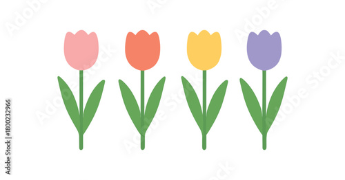 Flat vector illustration four simple tulip stems seasonal essentials style pastel colors spring vibe 4x1 grid equal spacing isolated on white full objects visible