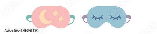Flat vector illustration two sleep masks night mindfulness style pastel colors soft curves 2x1 grid equal spacing isolated on white full objects visible