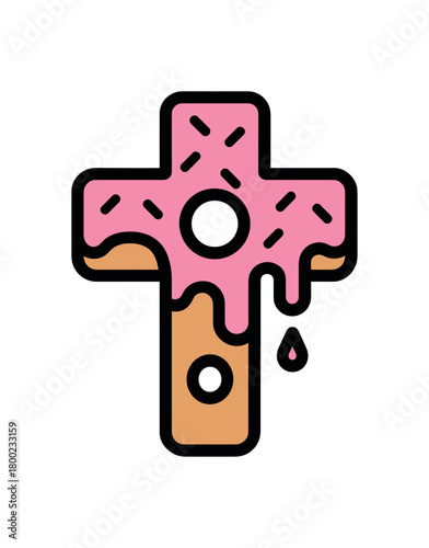 flat vector bold outline donut cross white background sticker style tidy spacing glaze drip sprinkle specks ring donut