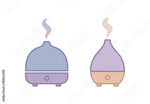 Flat vector illustration two aroma diffusers sleep routine style pastel colors soft domes 2x1 grid equal spacing isolated on white full objects visible