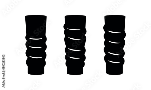 Flat vector illustration three leg warmers black and white solid black icon style tube shapes 3x1 grid equal spacing isolated on white