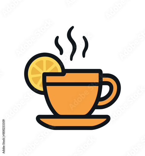 flat vector bold outline lemon tea white background sticker style compact trio steam curl cup lemon slice