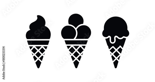 Flat vector illustration three ice cream cones black and white solid black icon style seasonal essentials theme summer vibe 3x1 grid equal spacing isolated on white