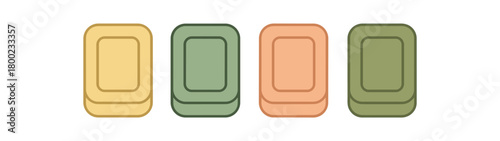 Flat vector illustration four soap bars for dishes eco kitchen style pastel colors rounded rectangles 4x1 grid equal spacing isolated on white