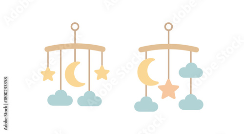 Flat vector illustration two crib mobiles cute nursery style pastel colors moon cloud shapes 2x1 grid equal spacing isolated on white