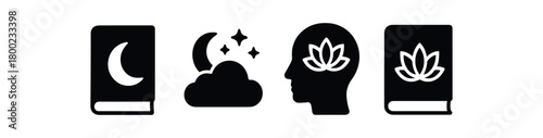 Flat vector illustration four books black and white solid black icon style night mindfulness theme 4x1 grid equal spacing clean silhouettes isolated on white