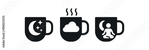 Flat vector illustration three bedtime mugs black and white solid black icon style night mindfulness theme 3x1 grid equal spacing clean silhouettes isolated on white