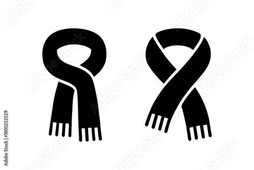 Flat vector illustration two light scarves black and white solid black icon style seasonal essentials theme spring vibe 2x1 grid equal spacing isolated on white