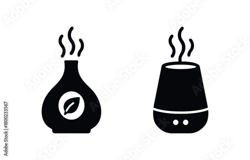 Flat vector illustration two aroma diffusers black and white solid black icon style night mindfulness theme 2x1 grid equal spacing clean silhouettes isolated on white