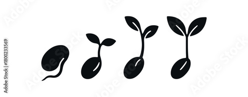 Flat vector illustration four sprouting seeds (growth) black and white solid black icon style conceptual focus flow theme 4x1 grid equal spacing clean silhouettes isolated on white