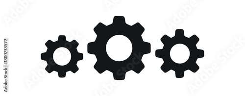 Flat vector illustration three minimal gears (systems) black and white solid black icon style conceptual focus flow theme 3x1 grid equal spacing clean silhouettes isolated on white