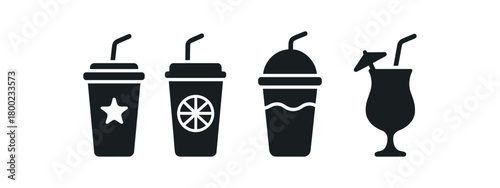 Flat vector illustration four drink cups with lids black and white solid black icon style seasonal essentials theme summer vibe 4x1 grid equal spacing isolated on white