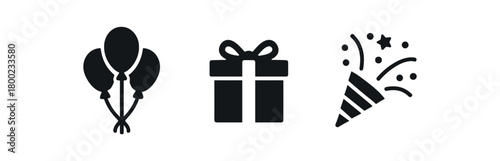 Flat vector illustration balloon bunch gift box party popper party setup theme black and white solid black icon style 3x1 grid equal spacing isolated on white full objects visible