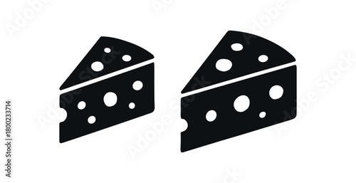 Flat vector illustration two cheese wedges black and white solid black icon style filmfree and packagefree 2x1 grid equal spacing isolated on white